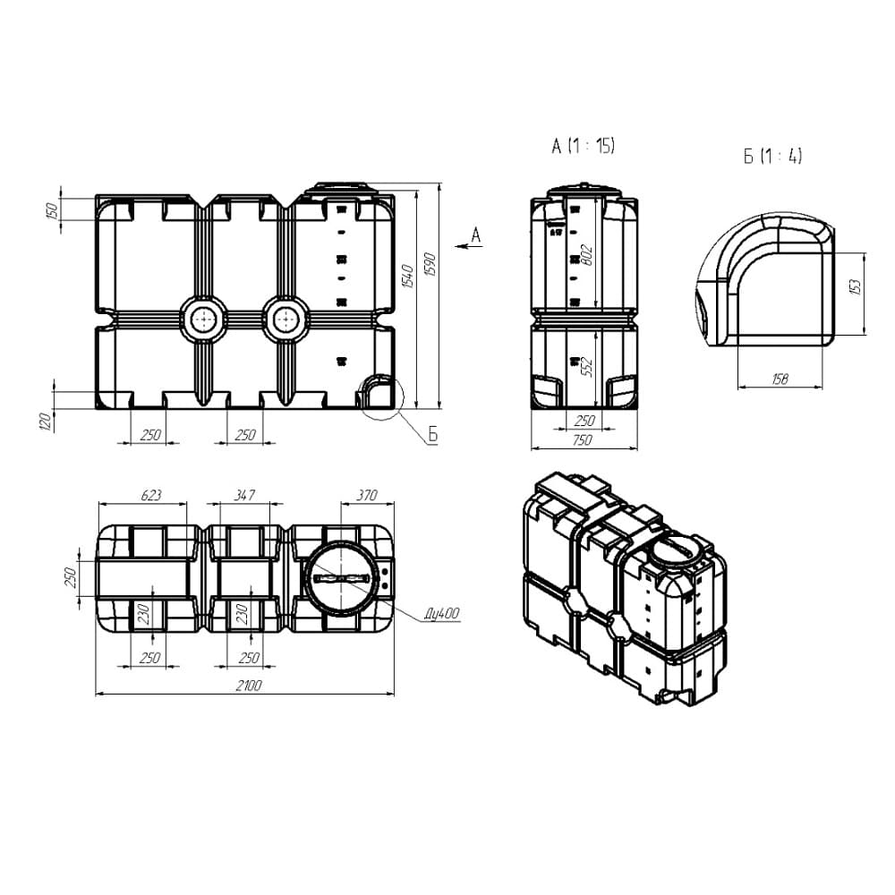 Емкость ST 2000 л с патрубками 100мм черная — фото 2