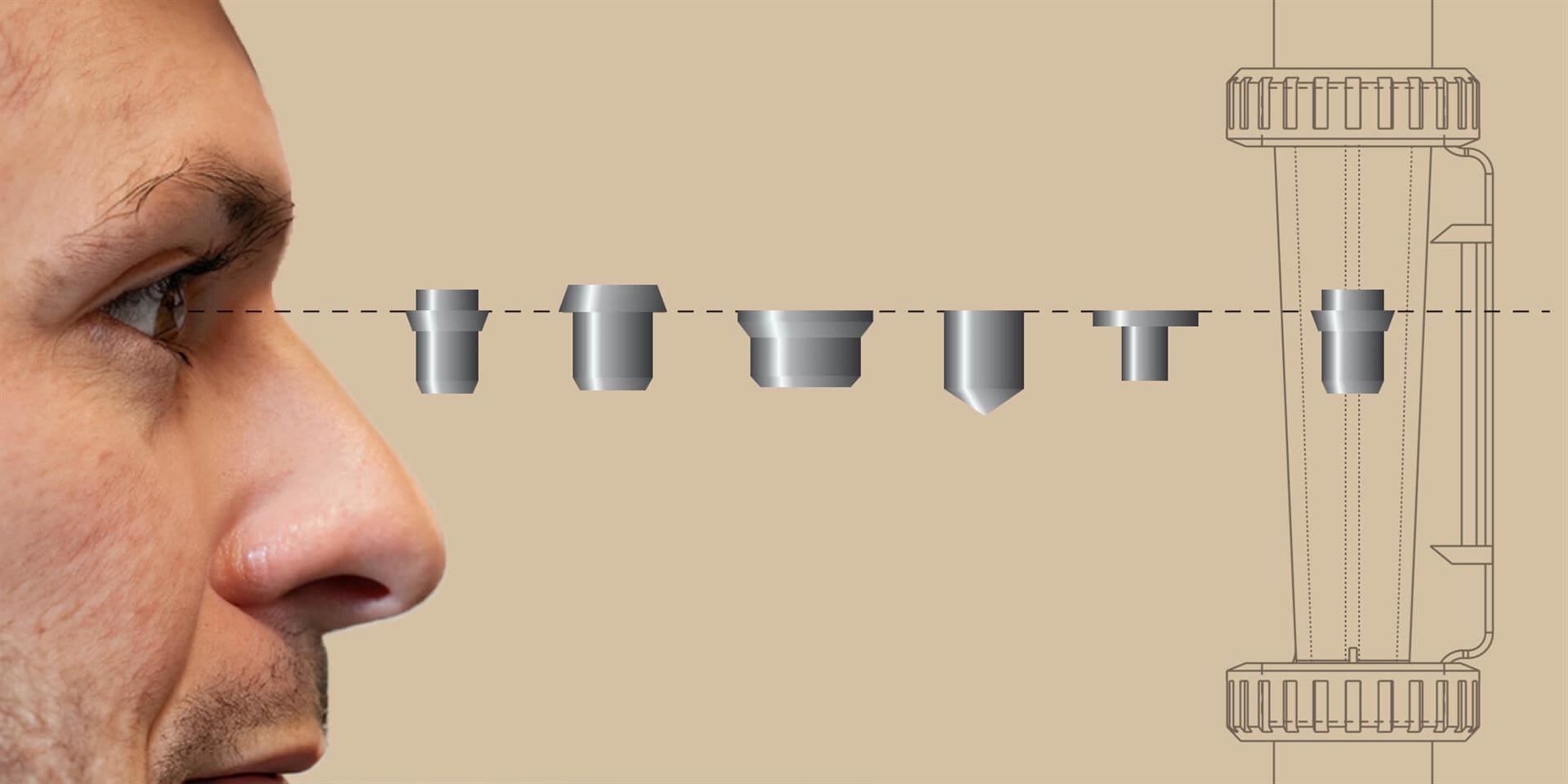 Как считывать расход по поплавку ротаметра: глаз оператора на уровне поплавка, взгляд перпендикулярно шкале, точка считывания зависит от формы поплавка